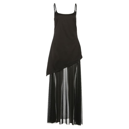 Mesh Maxi Two-Piece A-Line Strap Panel Spaghetti Dress Mock Plain