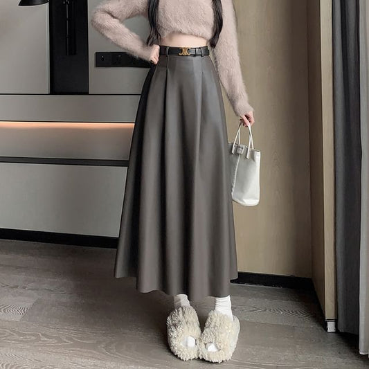 High Rise Faux Leather Midi A-Line Skirt