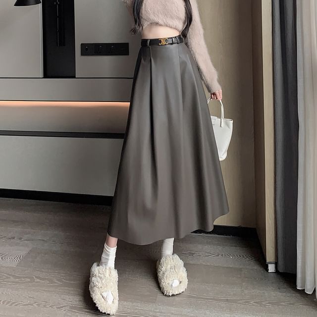 High Rise Faux Leather Midi A-Line Skirt