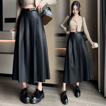 High Rise Faux Leather Midi A-Line Skirt