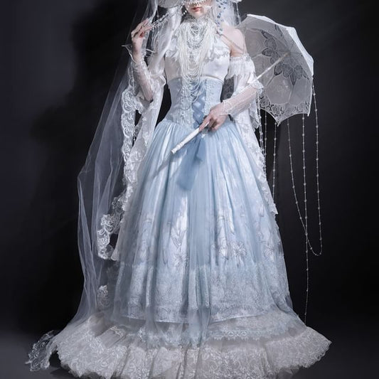 Sleeveless Mock Neck Lace Top, Floral Skirt & Arm Sleeves