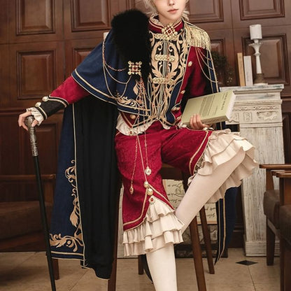 Stand Collar Embroidered Ruffle Panel Jacquard Zip Jacket / High Waist Tiered Capri Straight Leg Pants / Panel Faux Fur Cape / Set