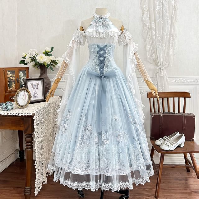 Mock Neck Ruffle Lace Top & Floral Mesh Maxi Skirt Set