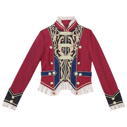 Stand Collar Embroidered Ruffle Panel Jacquard Zip Jacket / High Waist Tiered Capri Straight Leg Pants / Panel Faux Fur Cape / Set