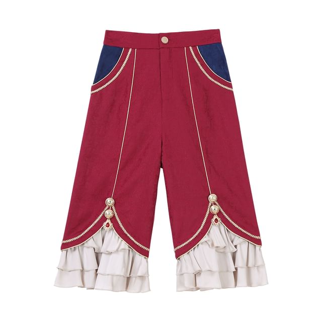 Stand Collar Embroidered Ruffle Panel Jacquard Zip Jacket / High Waist Tiered Capri Straight Leg Pants / Panel Faux Fur Cape / Set