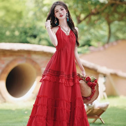 Halter Plain Tiered Ruffle Panel Maxi A-Line Dress / Fringe Scarf / Set