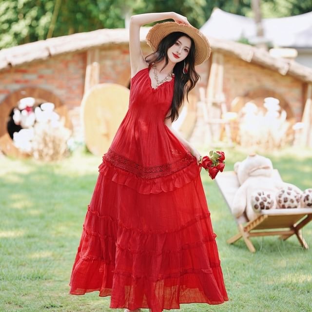 Halter Plain Tiered Ruffle Panel Maxi A-Line Dress / Fringe Scarf / Set