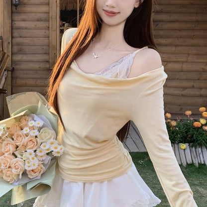 Mock Two-Piece Lace Panel T-Shirt and Eyelet Mini Skirt