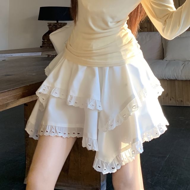 Mock Two-Piece Lace Panel T-Shirt and Eyelet Mini Skirt