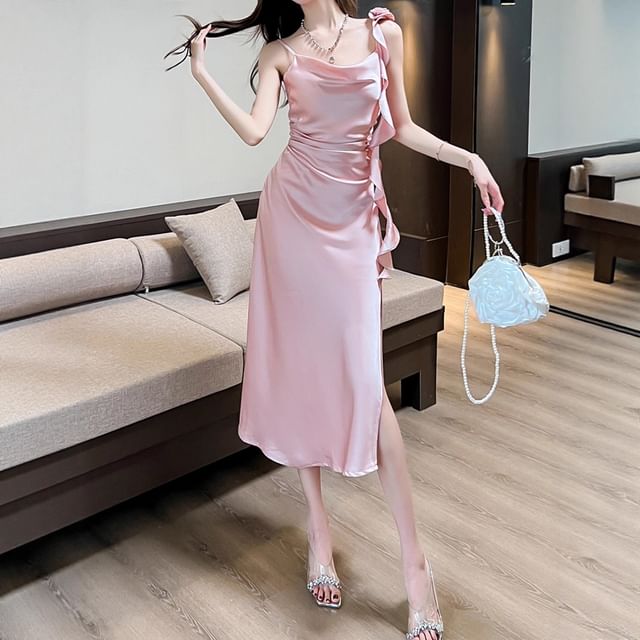 Spaghetti Strap Cowl Neck Plain Slit Midi A-Line Dress