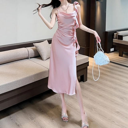 Spaghetti Strap Cowl Neck Plain Slit Midi A-Line Dress