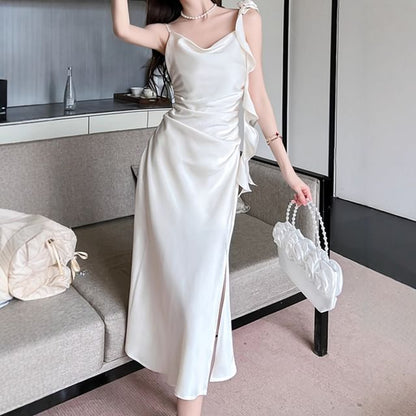 Spaghetti Strap Cowl Neck Plain Slit Midi A-Line Dress