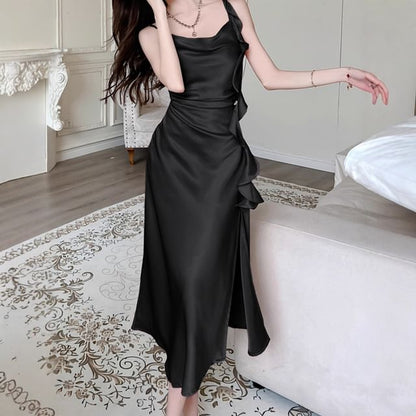 Spaghetti Strap Cowl Neck Plain Slit Midi A-Line Dress