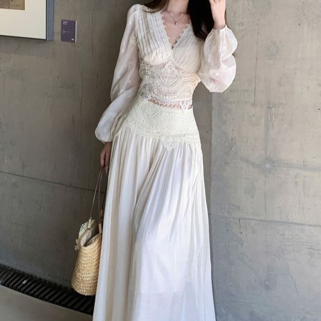 V-Neck Lace Panel Cropped Blouse and Maxi A-Line Skirt