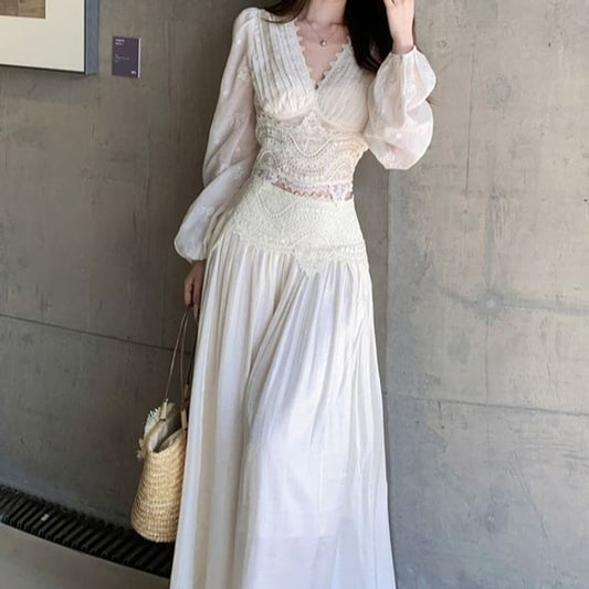 V-Neck Lace Panel Cropped Blouse and Maxi A-Line Skirt
