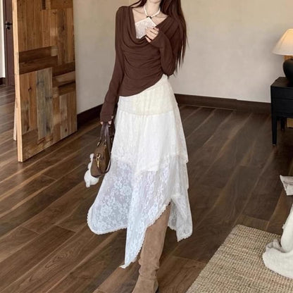 Mock Two-Piece Halter Cowl Neck Lace Panel Top and Midi Skirt
