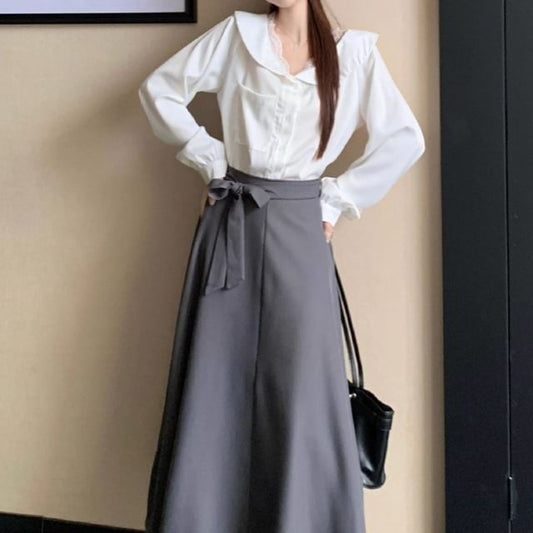 Lace Trim Shirt and Sashed Midi A-Line Skirt