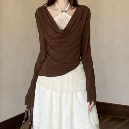 Mock Two-Piece Halter Cowl Neck Lace Panel Top and Midi Skirt