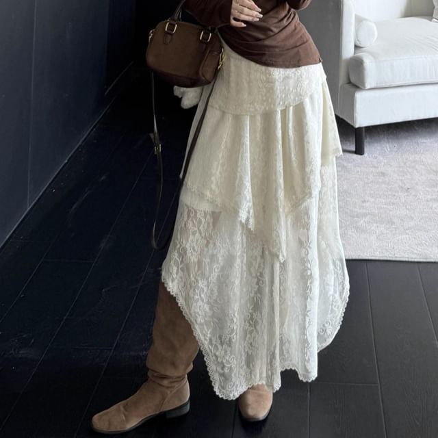 Mock Two-Piece Halter Cowl Neck Lace Panel Top and Midi Skirt