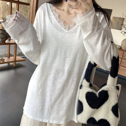 V-Neck Lace Trim T-Shirt and Pointelle Cardigan