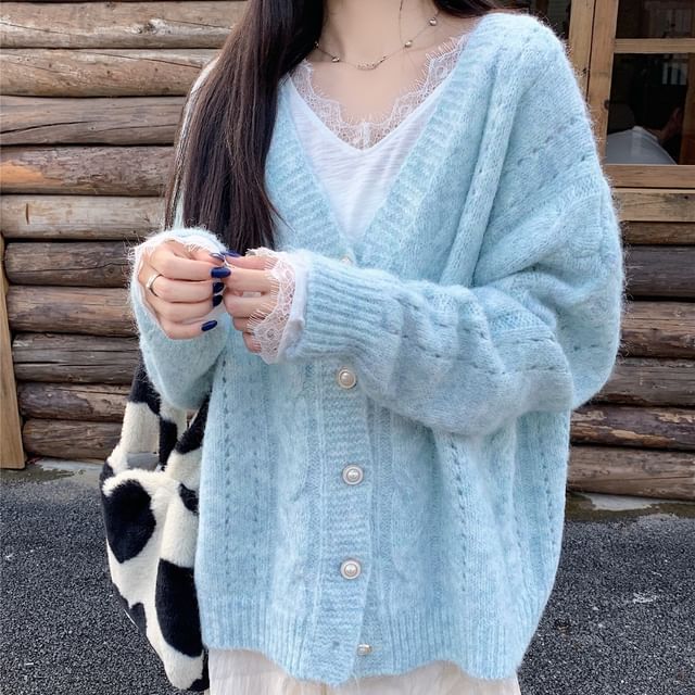 V-Neck Lace Trim T-Shirt and Pointelle Cardigan