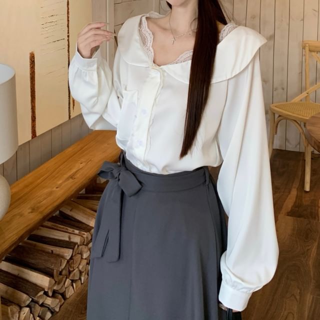 Lace Trim Shirt and Sashed Midi A-Line Skirt