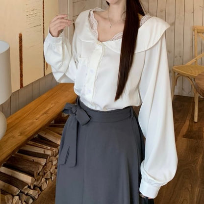 Lace Trim Shirt and Sashed Midi A-Line Skirt