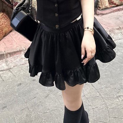 Square Neck Short Sleeve Blouse and Vest with Tiered Mini Skirt