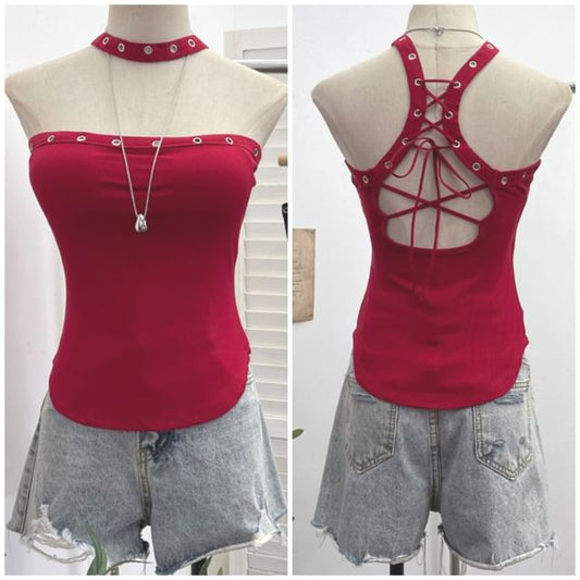 Slim-Cut Open-Back Lace-Up Halter Top with Grommet Detail