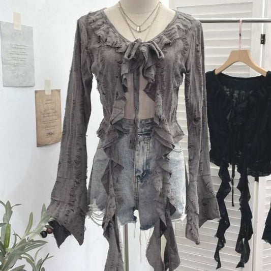 Distressed Asymmetric Tie-Front Long-Sleeved V-Neck Tee with Ruffle Trim