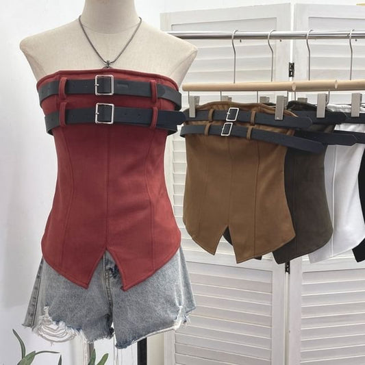 Fitted Tube Top with Slit and Buckle Accents