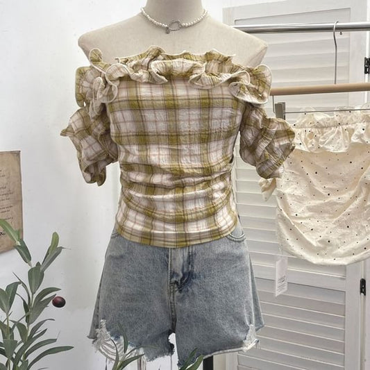 Slim-Fit Ruched Blouse with Ruffle Trim Off-The-Shoulder