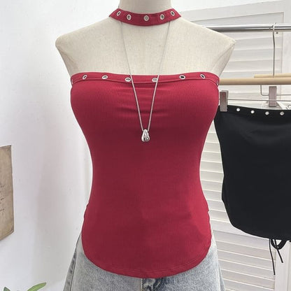 Halter Grommet Lace-Up Open Back Top
