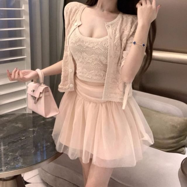 Scoop Neck Crochet Crop Tank, Cardigan & Mesh Mini A-Line Skirt Set