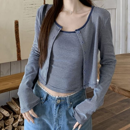 Striped Camisole Top & Crew Neck Cardigan Set