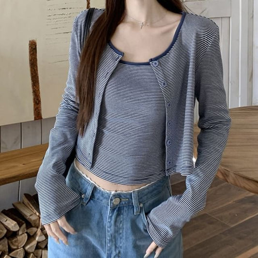 Striped Camisole Top & Crew Neck Cardigan Set