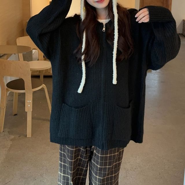 Zip-Front Solid Hooded Cardigan