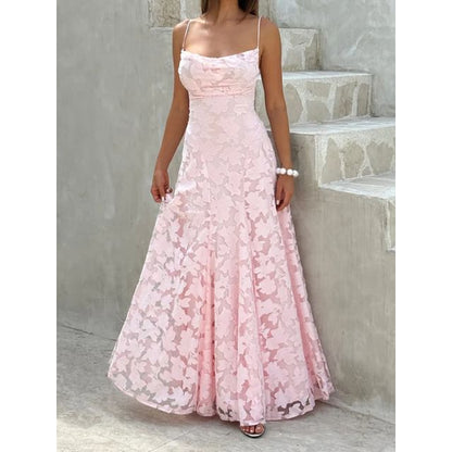 Spaghetti Strap Midi A-Line Lace Dress