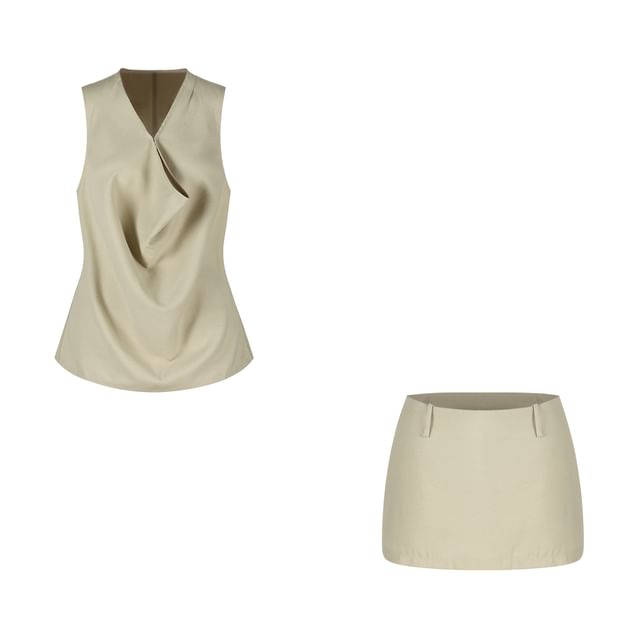 V-Neck Sleeveless Top & High Waist Mini A-Line Skirt