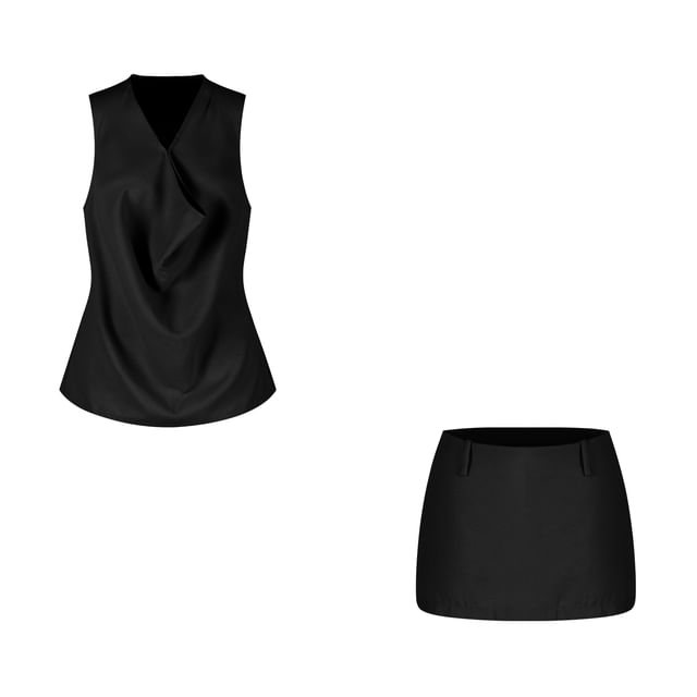 V-Neck Sleeveless Top & High Waist Mini A-Line Skirt