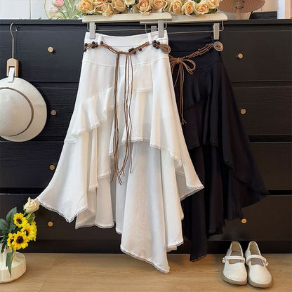 High Rise Lace Trim A-Line Skirt with Belt Set