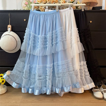 High Rise Frill Trim Mesh Maxi A-Line Skirt