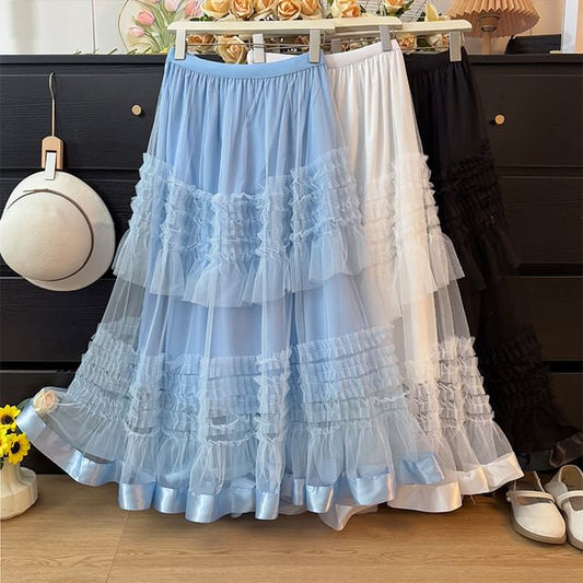 High Rise Frill Trim Mesh Maxi A-Line Skirt