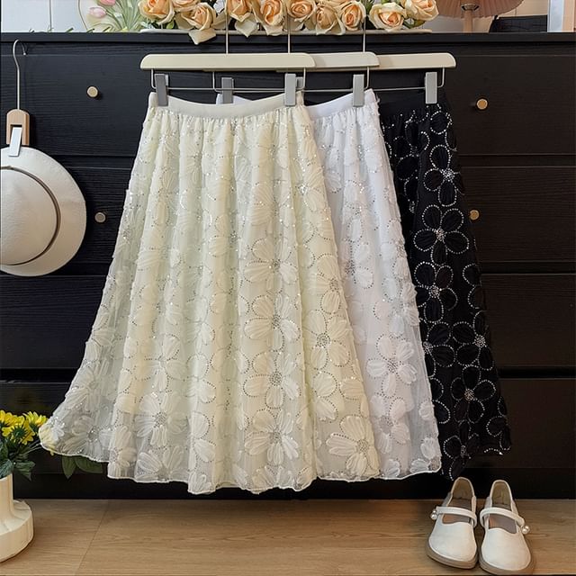 High Rise Floral Sequin Mesh Midi A-Line Skirt