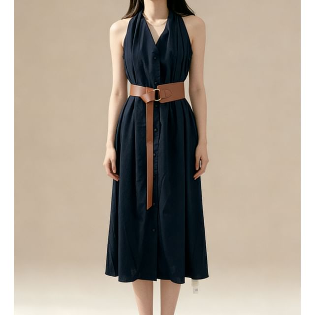 Plain Halter Set: V-Neck Belt Button-Up Dress + Maxi A-Line