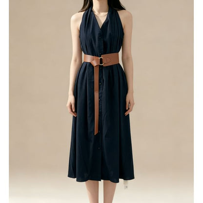Plain Halter Set: V-Neck Belt Button-Up Dress + Maxi A-Line