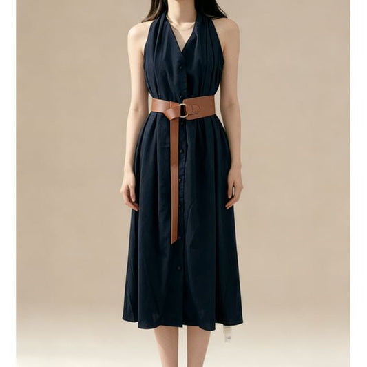 Plain Halter Set: V-Neck Belt Button-Up Dress + Maxi A-Line