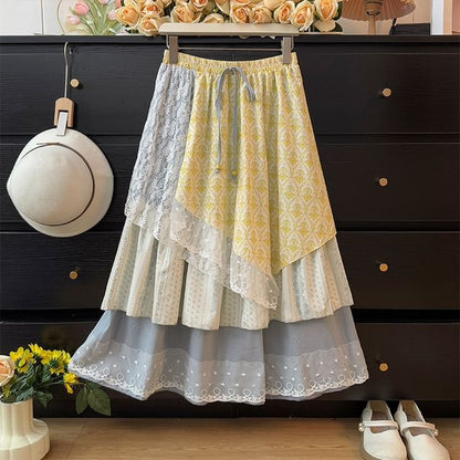 Patterned Lace Panel Layered Midi A-Line Skirt
