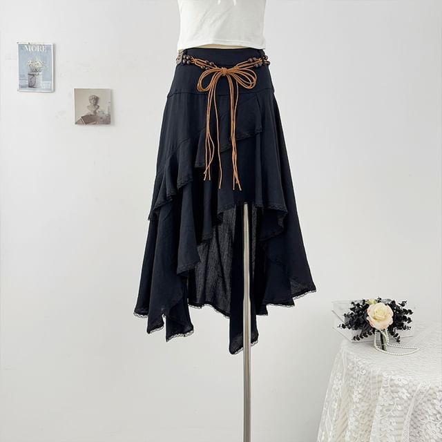 High Rise Lace Trim A-Line Skirt with Belt Set