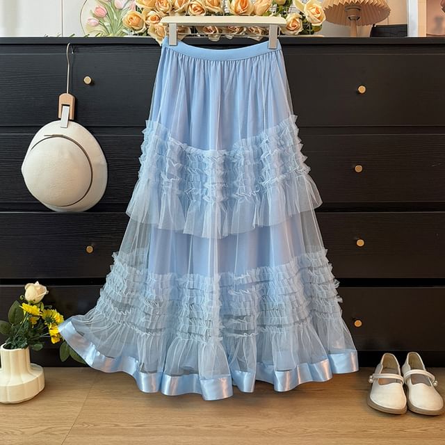 High Rise Frill Trim Mesh Maxi A-Line Skirt